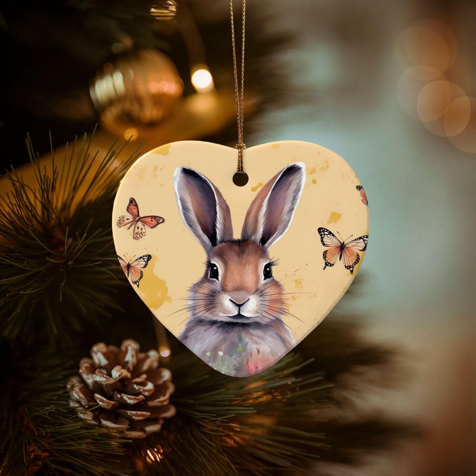 Christmas Tree Ornaments Ceramics Christmas Decorations Rabbit and Butterfly Ornaments with Gold Ribbon Porcelain Xmas Tree Crafts Heart Shape Hanging Pendant for Christmas Tree Party Decor