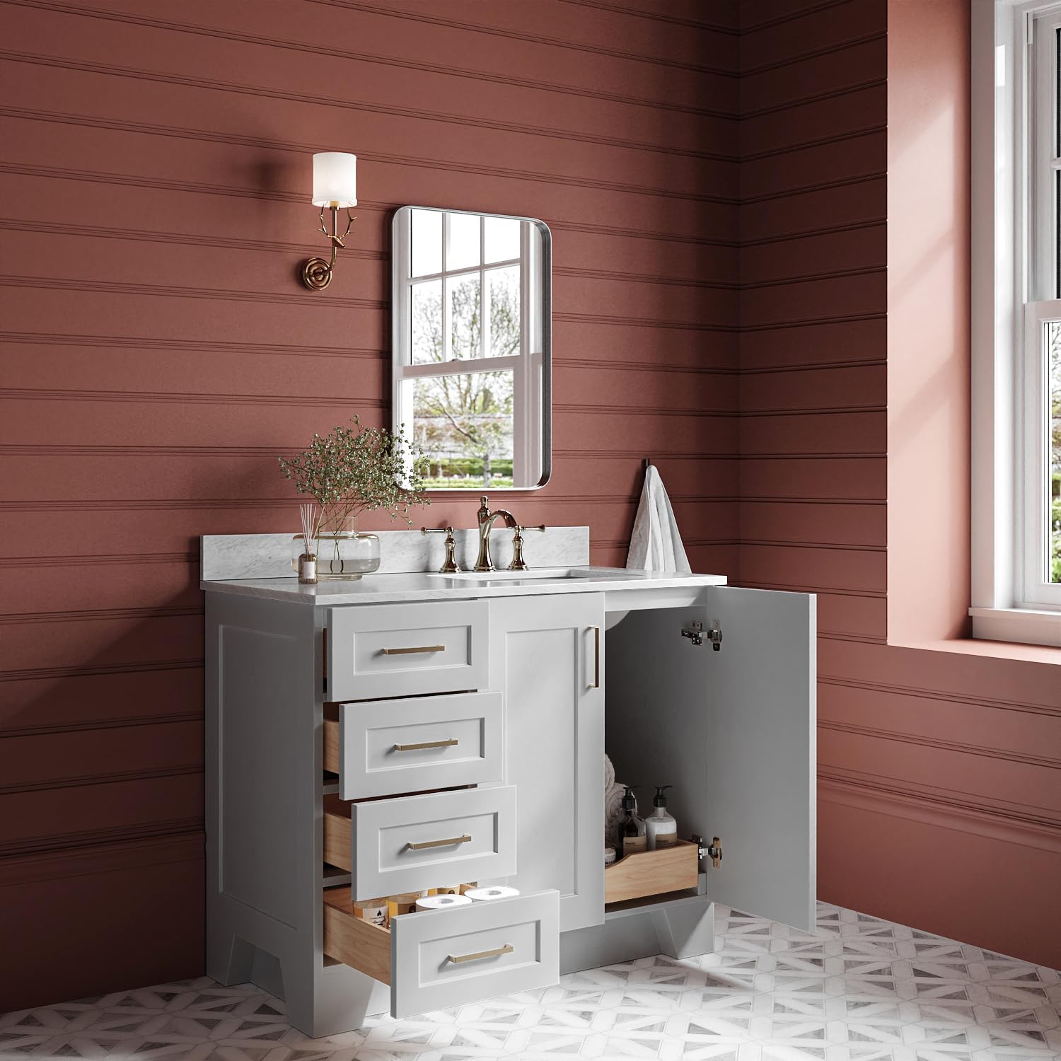 ARIEL Taylor 42-inch Bathroom Vanity with Sink,Solid Wood, 0.75-inch Italian Carrara Marble Countertop, Single Rectangular Porcelain Sink, 2 Soft Closing Doors, 5 Dovetail Drawers, Grey