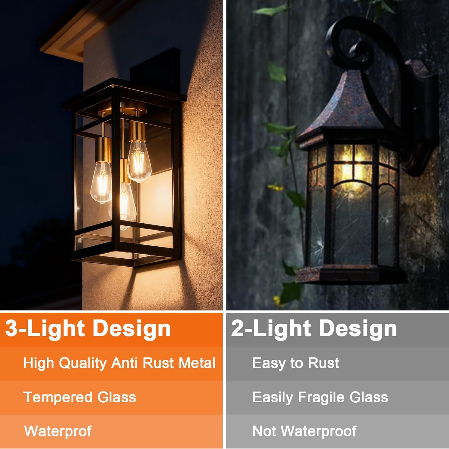 3 Lights Outdoor Wall Light Fixtures,Brass Black Modern Outdoor Wall Sconce Lights,Waterproof Exterior Lighting Fixtures Outside Lantern for Porch, House,Patio with E26 Base
