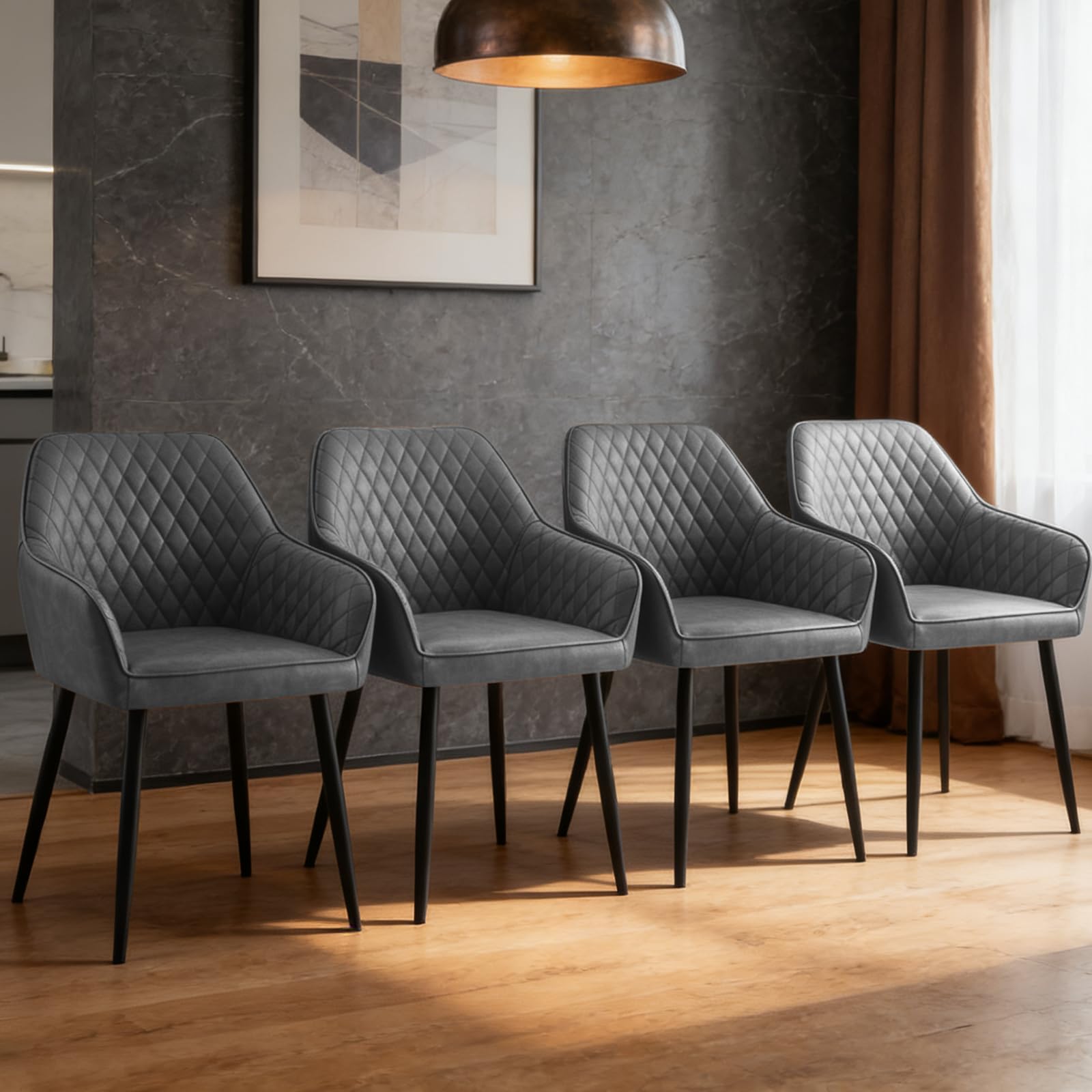 ZOONFA Upholstered Dining Chair Set of 4 Faux Leather Kitchen Chairs with Black Metal Legs Curved Backrest and Armrest Accent Chair for Dining Room Living Room (PU Dark Grey)