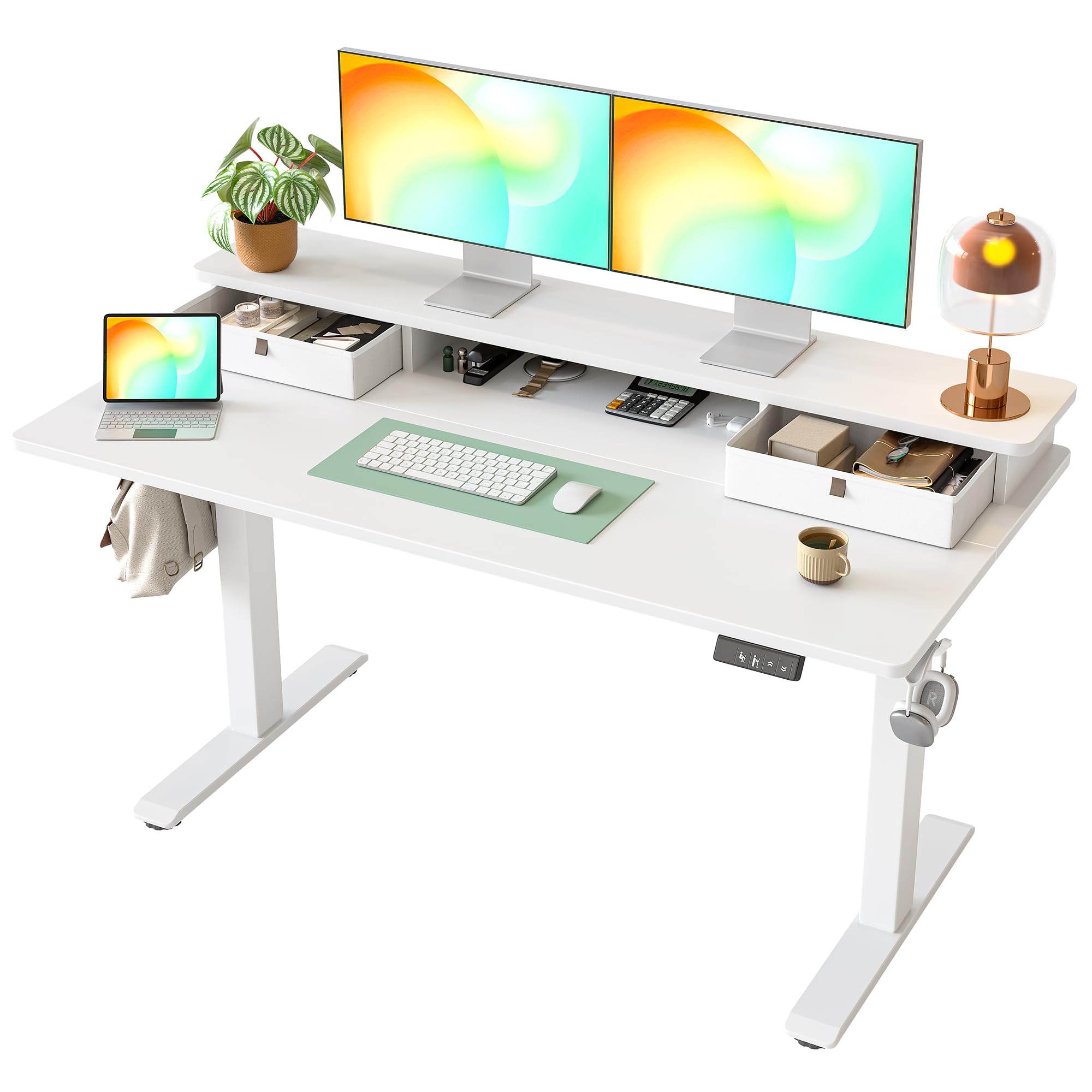 Photo 1 of TIQLAB Standing Desk with Two Drawers, Stand Up Standing Desk Adjustable Height, Electric Sit Stand Table with Storage Shelf and Splice Board, 55 * 24 inch, White