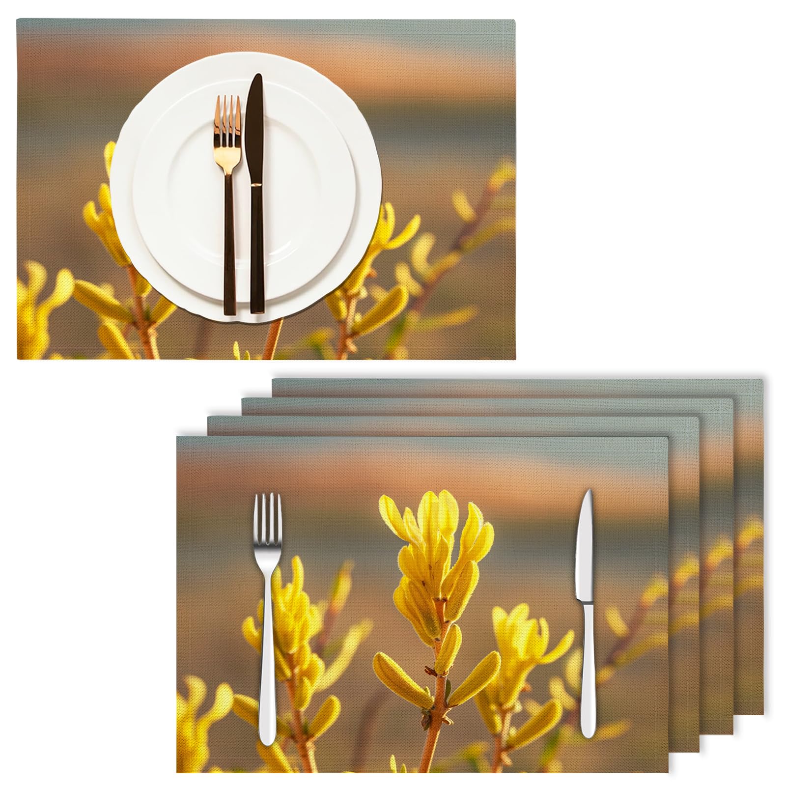 Set di 8 Tovagliette Americane Lavabili Cotone Lino Paesaggio desertico - Tovaglietta Americana Resistenti al Calore Durevole Boccioli gialli - per Colazione Pranzo 30×45 cm