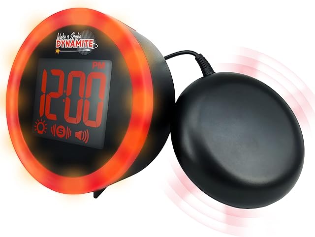 Vibrating Deaf Clock with 95dB Loud Alarm, Bright Flashing Lights and Snooze Function - The Geemarc WAKE 'N' SHAKE Dynamite for Heavy Sleepers and Hearing Impaired - USB Charging Port - UK Version