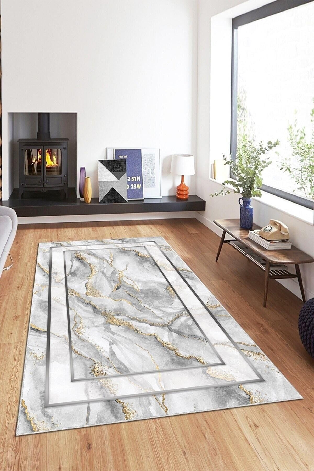 Pelangi Beyaz Mermer Desenli Çerçeveli Yıkanabilir Kaymaz Taban Leke Tutmaz Modern Salon Halısı Ve Yolluk, Beyaz-Gold 100 x 150, 1358102100150728