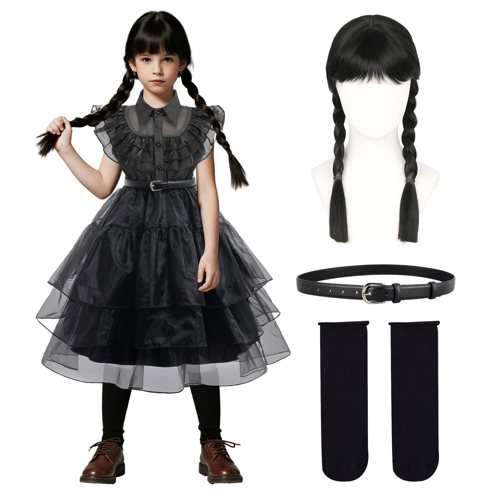 yumcute Vestido Gótico Niñas Princesa Disfraz Halloween para Niñas Vestidos para con Peluca Cinturón Calcetines Disfraz Negro Princesa Niña Halloween Carnaval Cosplay Fiesta 4-11 Años