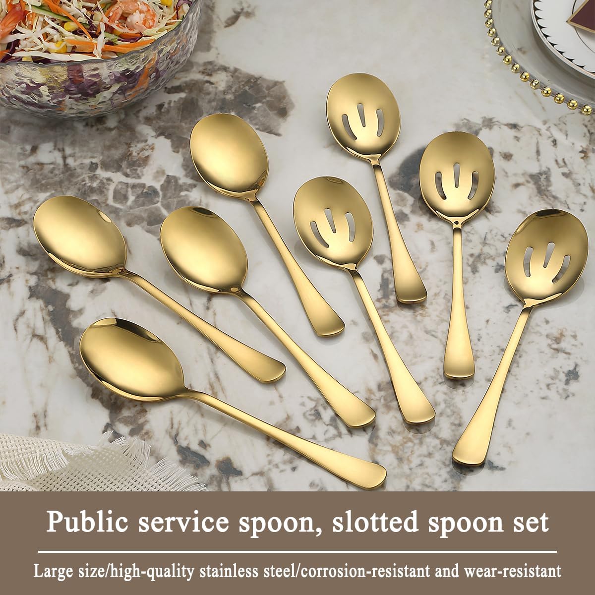 Gold Serving Spoons 8 Pieces, ReaNea Stainless Steel Serving Utensils Set inclunde 4 Serving Spoon 4 Serving Slotted Spoons, Dishwasher Safe