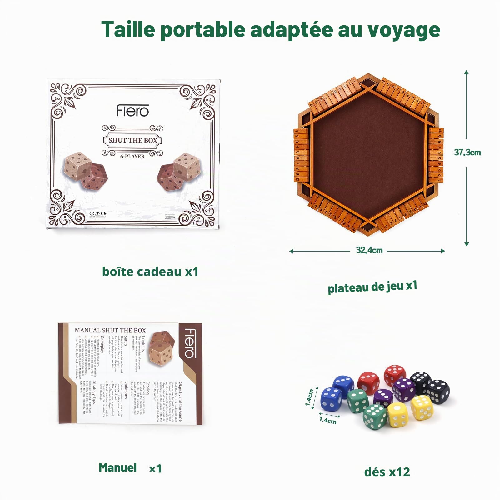 Flero Shut The Box Jeu de dés à 6 joueurs, jeu de tactique et de calcul (Marron)