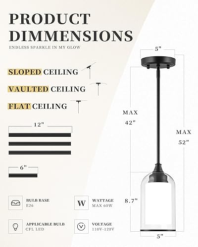 Miniatura 4 de LIROUVET Paquete de 2 Luces Colgantes para Isla de Cocina, Luces Colgantes de Doble Vidrio, Lámpara Colgante Negra con Vidrio Transparente y Vidrio
