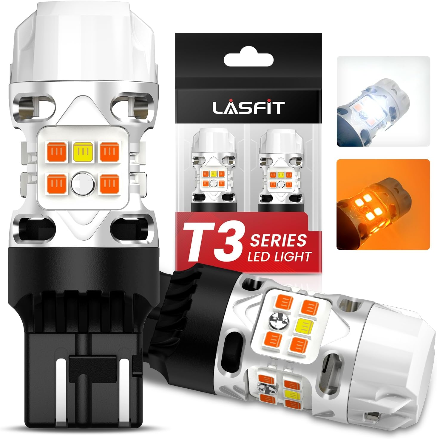 LASFIT T3 7443 Switchback LED Bulb 7444NA Front Turn Signal CANBUS Error Free White Amber NEW 500% Brighter 7444NA W21W DRL Parking Light Built In Resistor Anti Hyper Flash, Standard Socket (2pcs)