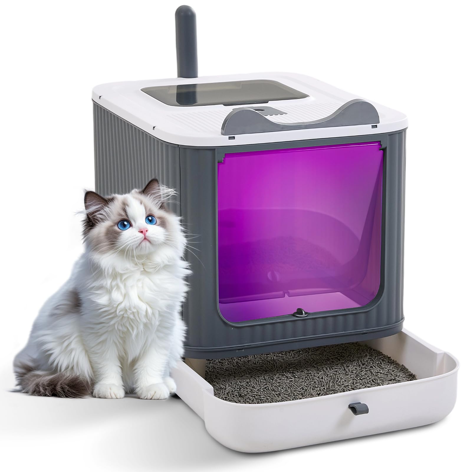 The Fellie Cat Litter Box Large, Enclosed Cat Litter Box, Kitten Litter Tray with Top Entry & Front Door, Litter Tray with Lid, Slide-Out Drawer&Scoop for Easy Clean, Odor Control&UV Sterilization