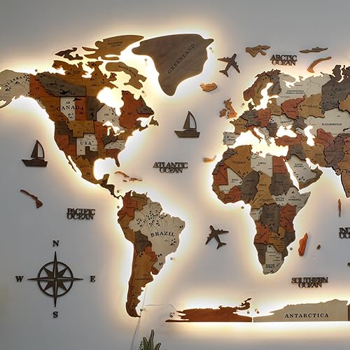 Miniatura 8 de Pared de madera LED 3D + mapa acrílico del mundo, tamaño extra grande 597998118 pulgadas, decoración de pared 3D, decoración artística moderna para