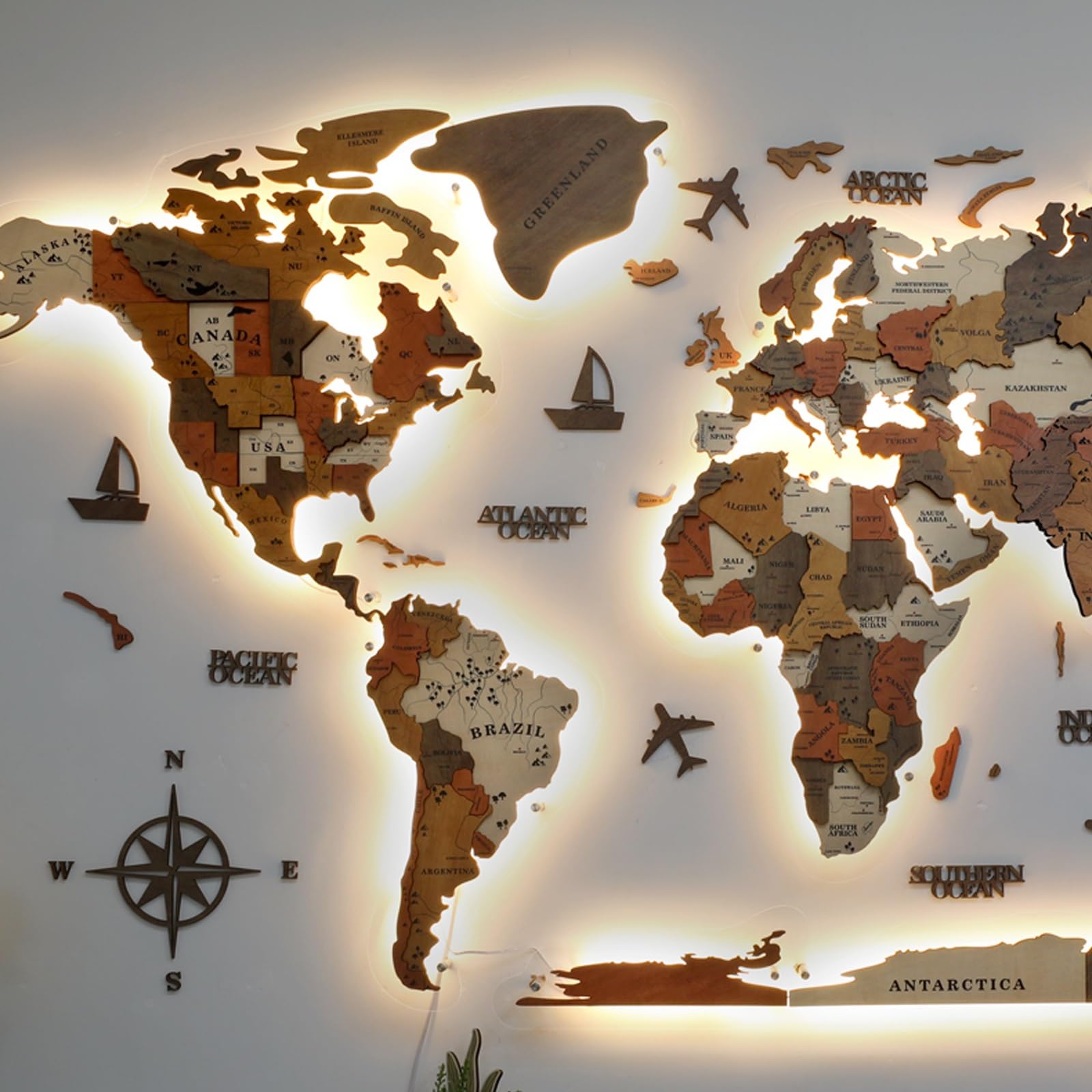 Decoración de pared LED 3D, mural de mapa del mundo de madera y acrílico con iluminación LED, decoración moderna del hogar para sala de estar, tamaño extragrande