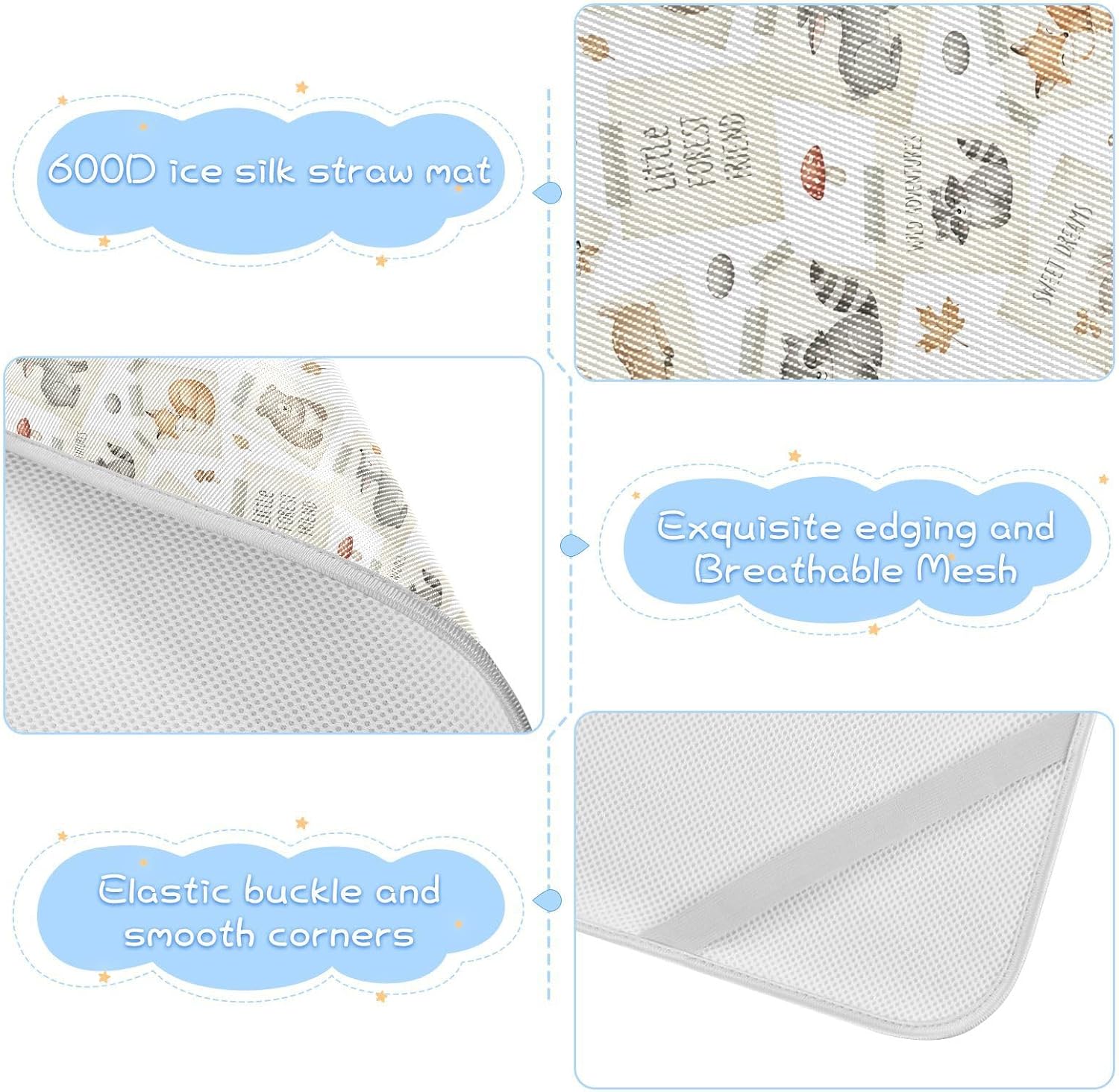 Baby Cooling Mat Cartoon Woodland Animals Ice Silk Breathable Mesh Summer Crib Mattress Pad with Pillowcase, Soft Cooling Sleeping Surface for Infant & Toddler, 52"x28"