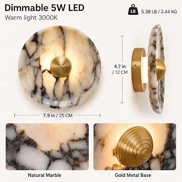 9.8 Natural Alabaster Sconce Dimmable Round Marble Wall Sconce Hardwired