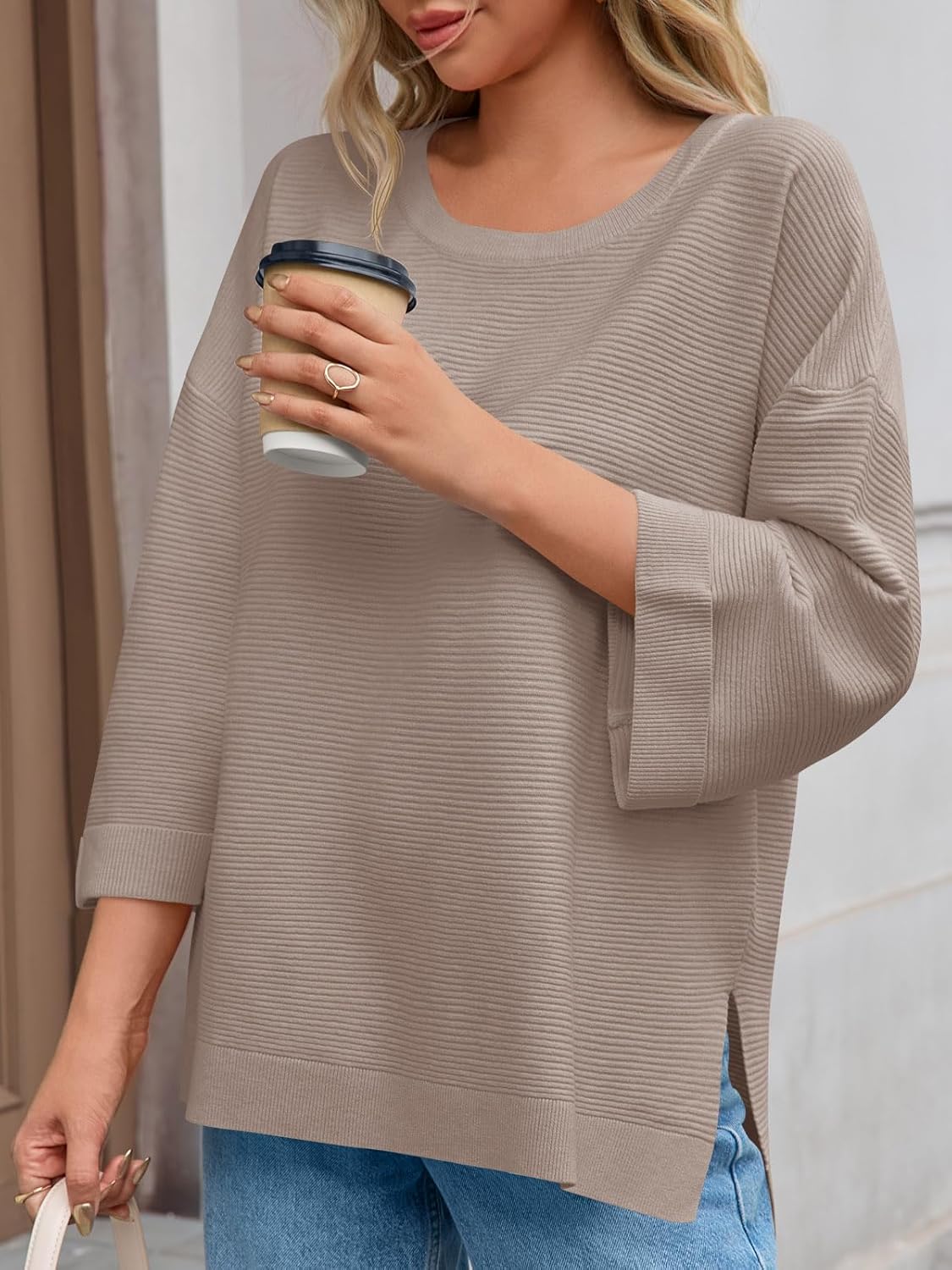 Tankaneo Women's Oversized Sweaters Casual 3/4 Long Sleeve Crewneck Ribbed Knit Split Tunics Fall Loose Pullover Tops - Image 3