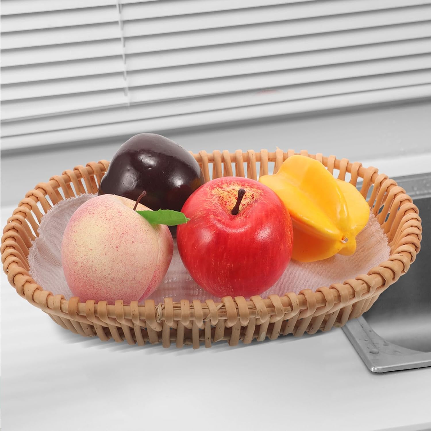 Beavorty Woven Rattan Bread Basket Oval Small Food Serving Basket Tabletop Storage for Kitchen and Dining Use