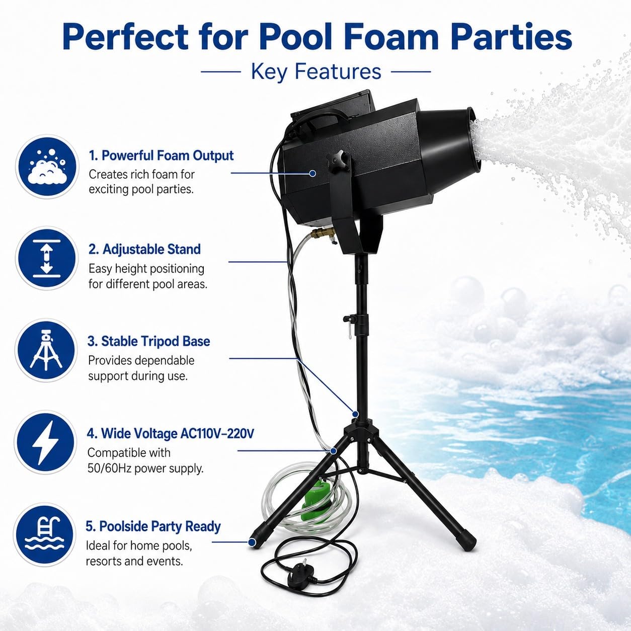 Cannone Schiuma Professionale con Treppiede, Macchina Generatore di Schiuma per Piscina Festa Estate Eventi Matrimonio Compleanno DJ Spettacoli e Intrattenimento Outdoor