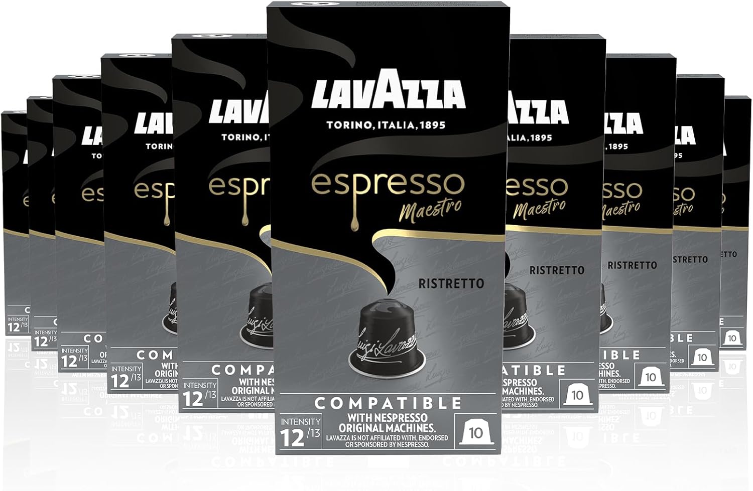 Lavazza, Espresso Maestro Ristretto, 100 Aluminium Capsules Compatible with Nespresso Original Machines, Chocolate &amp; Caramel Notes, Arabica &amp; Robusta, Intensity 1213, Dark Roasting, Zero CO2 Impact