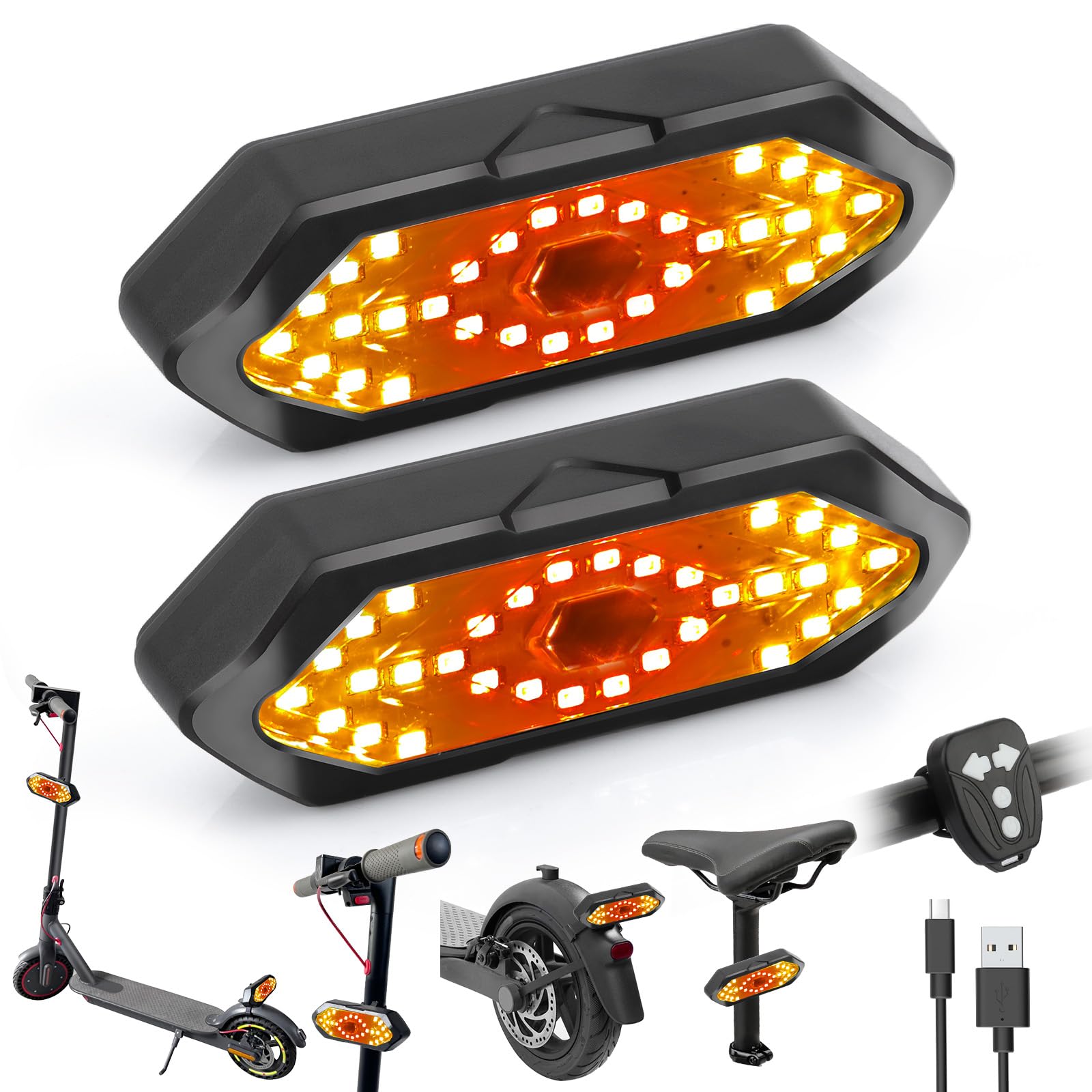 Lot de 2 clignotants LED rechargeables USB pour trottinette électrique - Support réglable - Étanche - Pour Xiaomi Ninebot