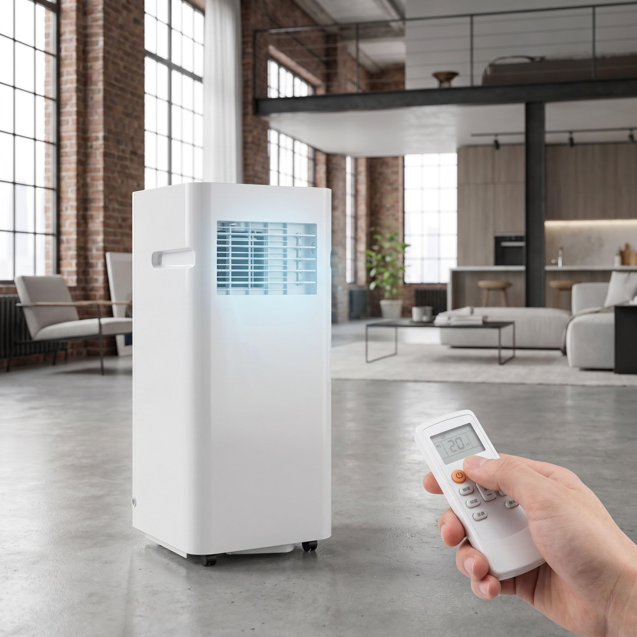 Aire acondicionado portátil de 12000 BTU, refrigeración y deshumidificador eficientes, funcionamiento silencioso, pantalla digital, temporizador de 24 horas, cubre hasta 300 pies cuadrados.
