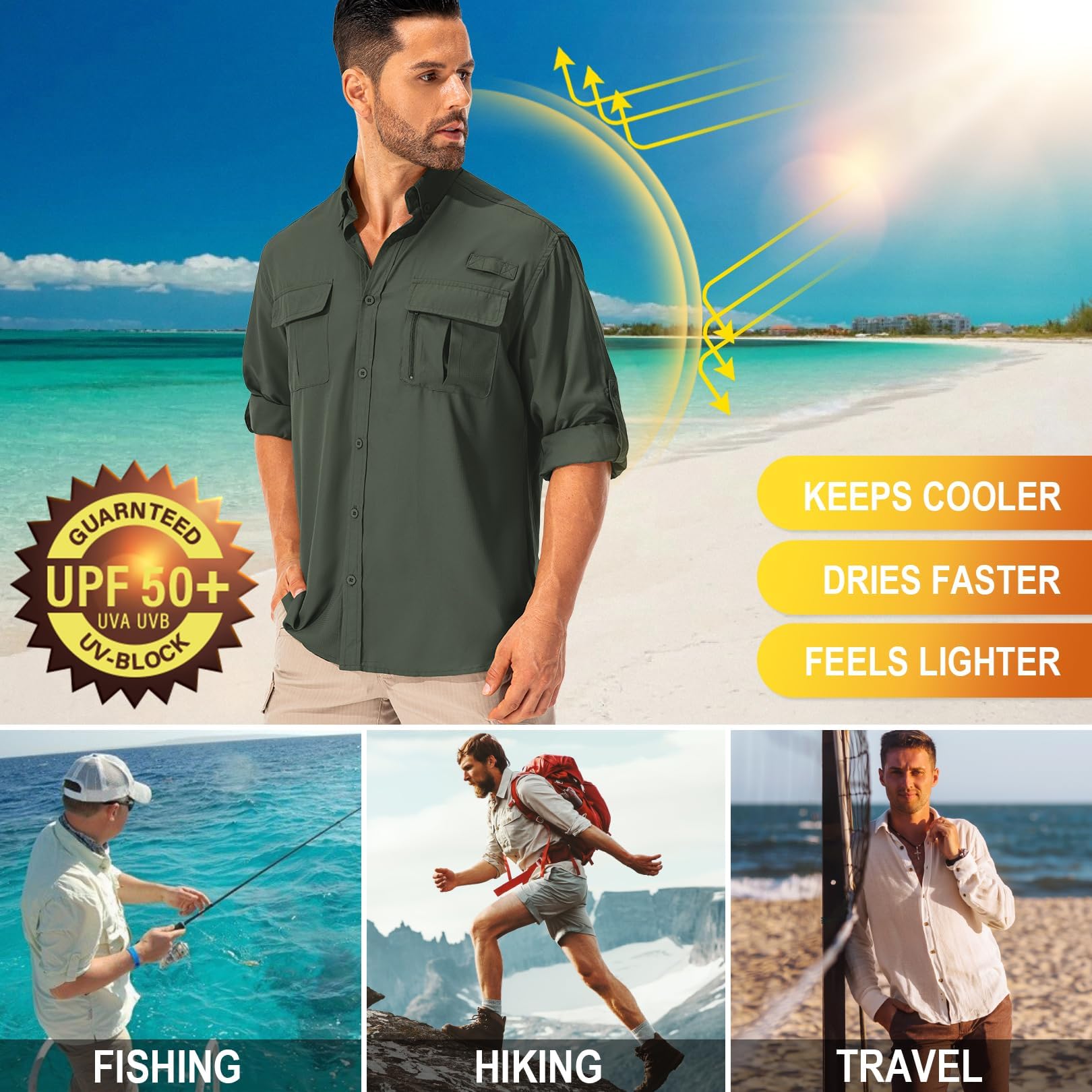 Camisa para hombre Safari UPF50+ protección UV, camisa de senderismo de manga larga, camisa funcional para exteriores, transpirable, de secado rápido, informal, con botones