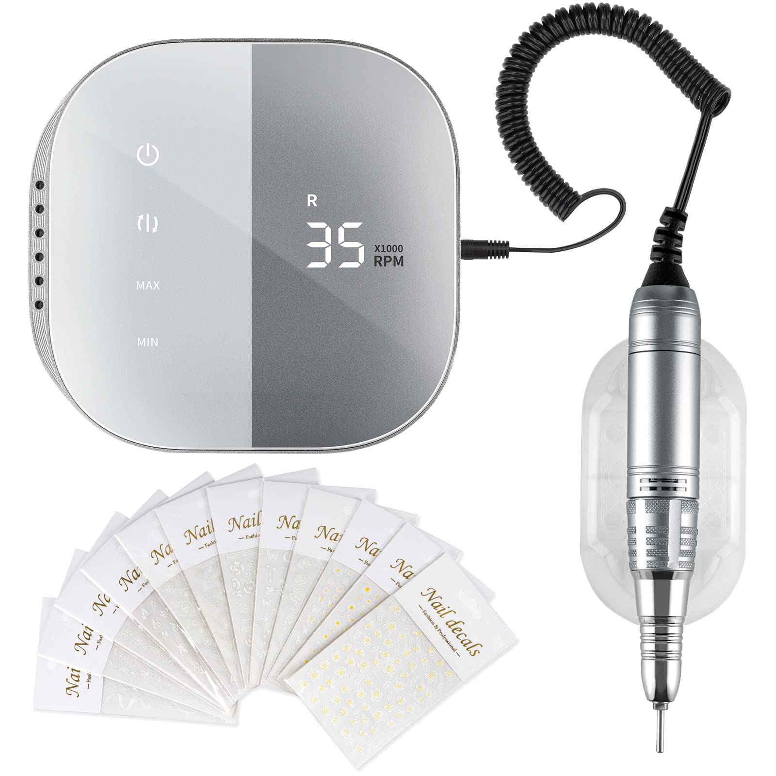 Madenia Professional Nail Drill Machine for Acrylic Nails and 12 Sheets Nail Art Stickers, Gray
