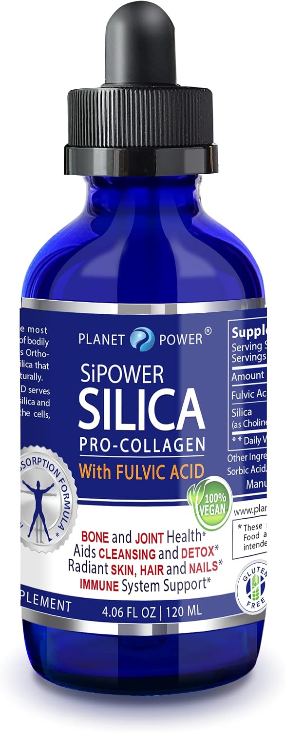 Planet Power SiPower Silica Vegan Collagen + Fulvic Acid 4oz Glass Bottle, Immune System, Maximum Absorption – Concentrated Formula, Bones, Joints, Skin, Hair, Nails and Digestive System. 40 Days