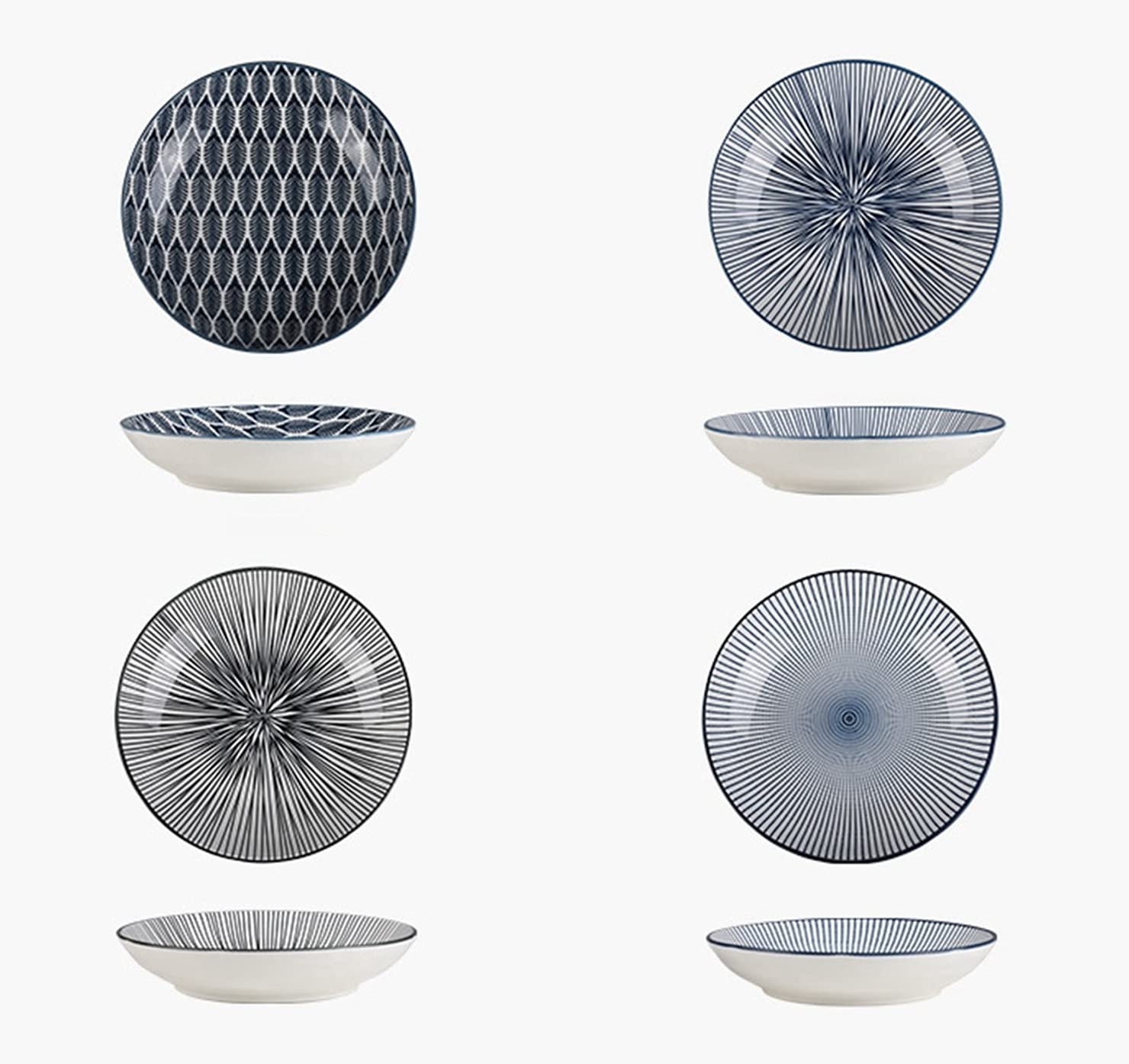 Dinner Plates, Dessert Plate, Set of 4 Plates, 20.3 cm Ceramic Salad Bowl, Plate, Pasta, Japanese Dinner Plate (Blue and White)