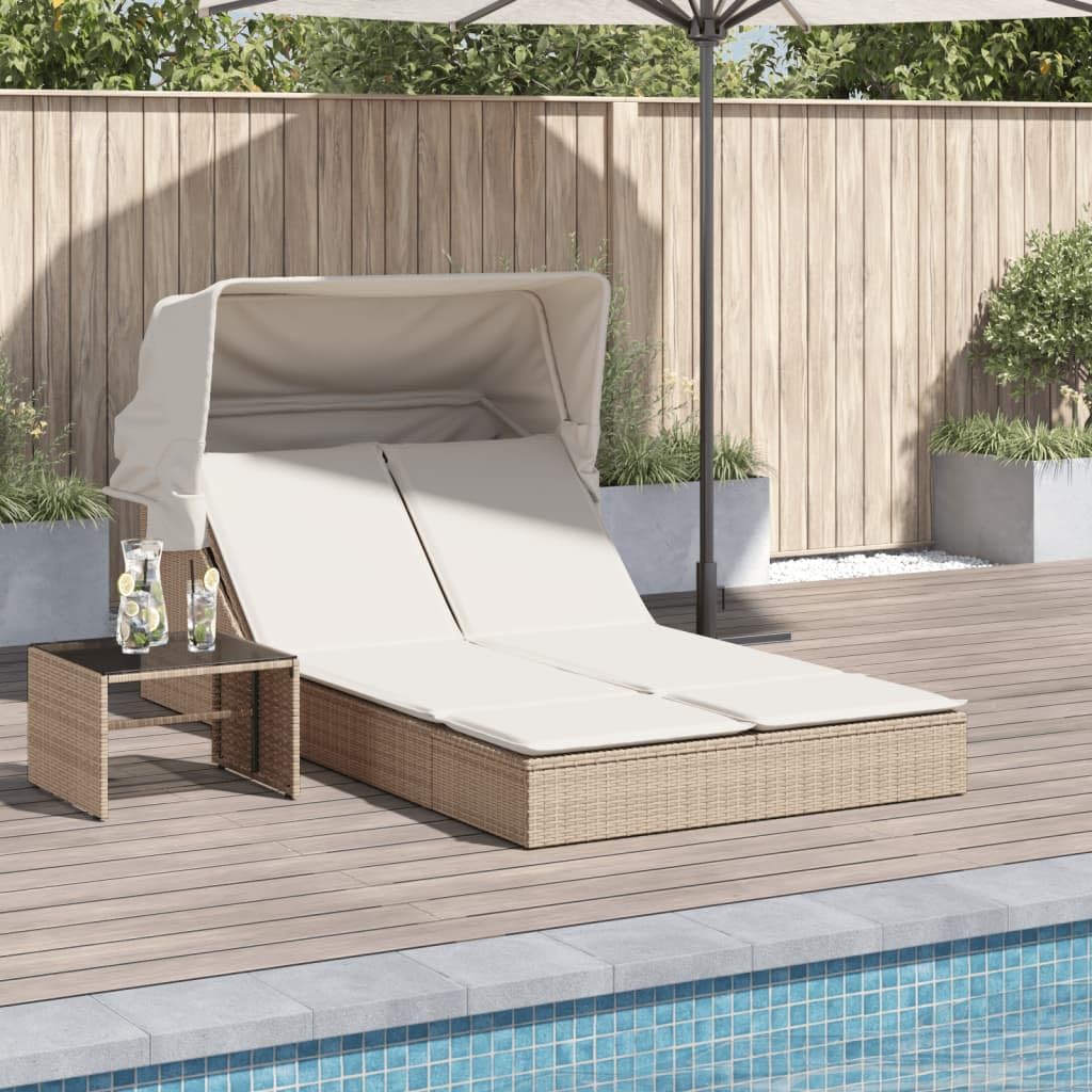 Homgoday Lit double avec auvent et coussins beige en polyrotin, chaises longues, canapé-lit, lit de piscine, lit de jardin