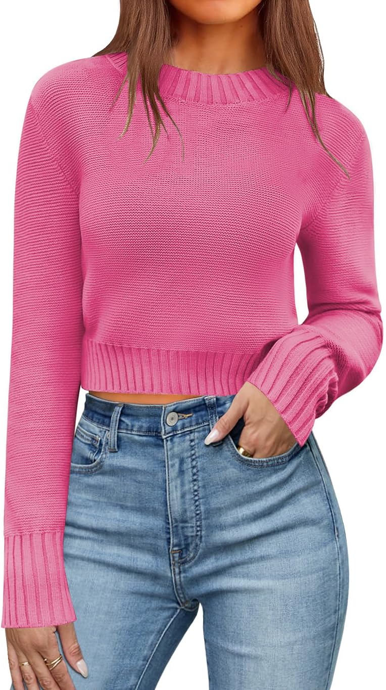 QACOHU Spring Sweaters for Women Long Sleeve Ribbed Knit Pullover Jumper Tops 2026 Crewneck Cropped Sweater