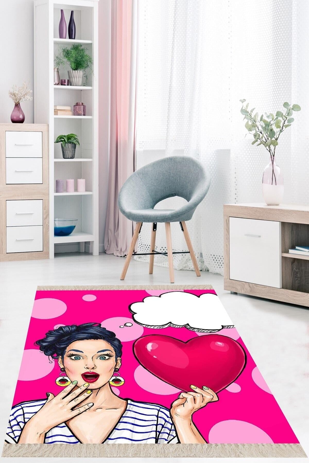 Pelangi Sürpriz Tema Kalp Desenli Dijital Baskı Yıkanabilir Kaymaz Taban Modern Salon Halısı, Pembe 180 x 300