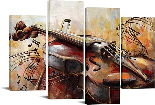 sechars Arte de pared de música vintage, pintura abstracta de violín, impresiones en lienzo de instrumentos musicales rústicos, obras de arte para