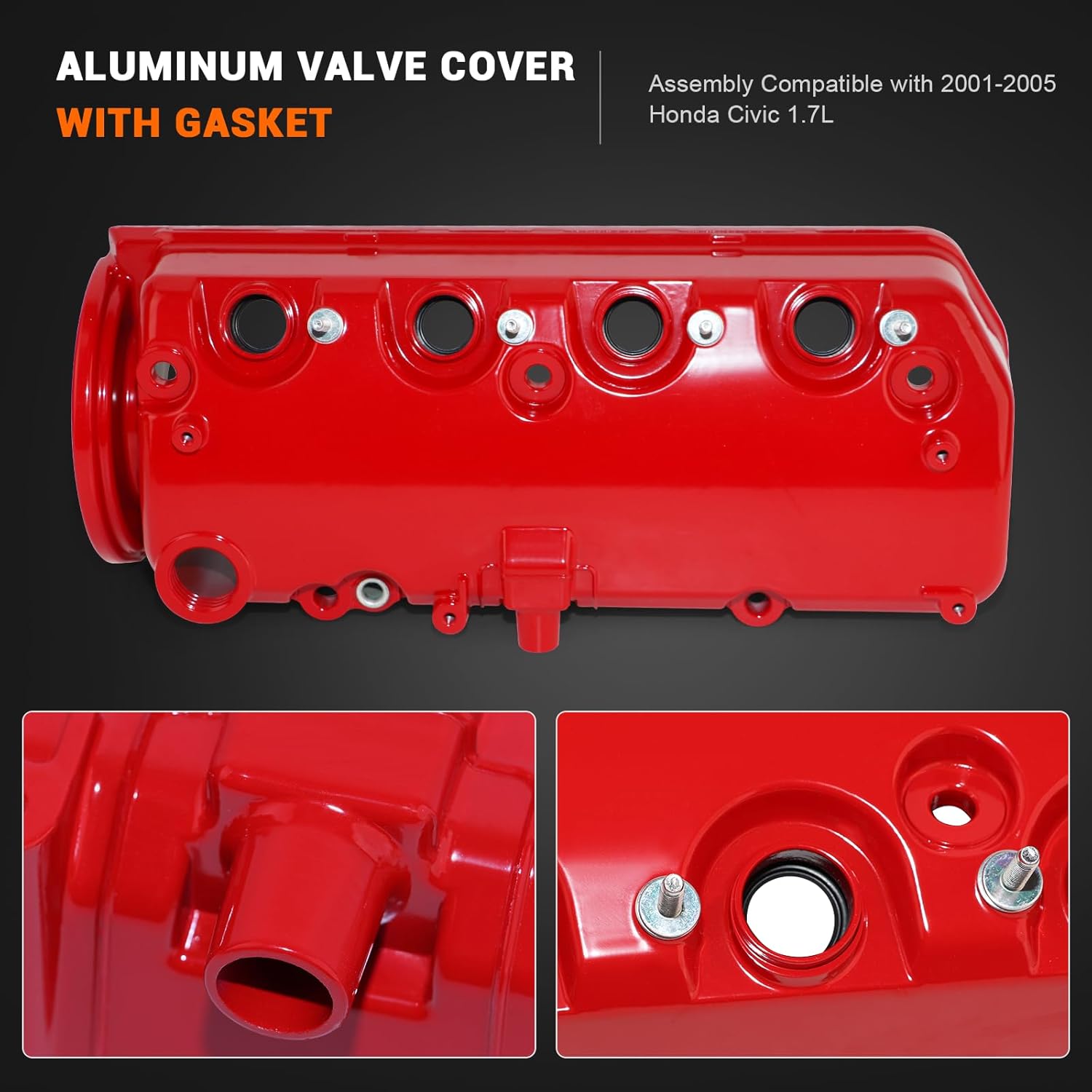 Engine Valve Cover Compatible with Honda Civic 2001 2002 2003 2004 2005 1.7L Replaces # 12310-PLC-000 (Red)