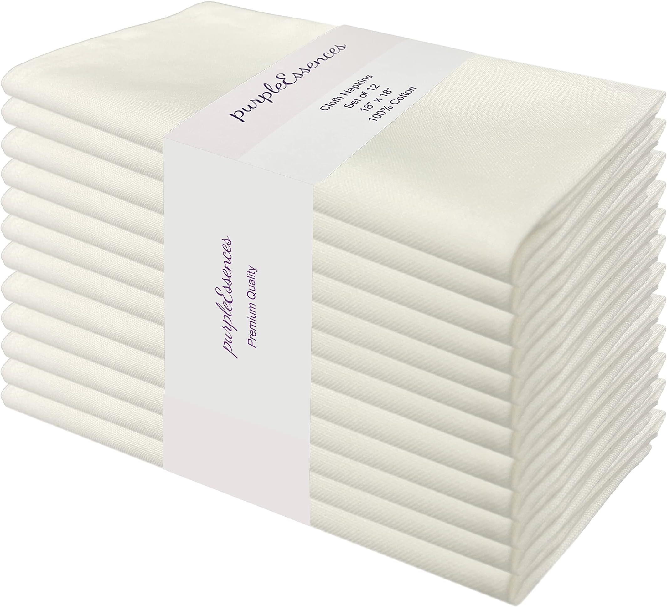 PurpleEssences Set of 12 Cloth Dinner Napkins 100% Cotton 18x18 Inch - Soft Durable Washable - Ideal for Farmhouse Party Spring Easter Summer - Perfect Everyday Use Table Linen - Cream