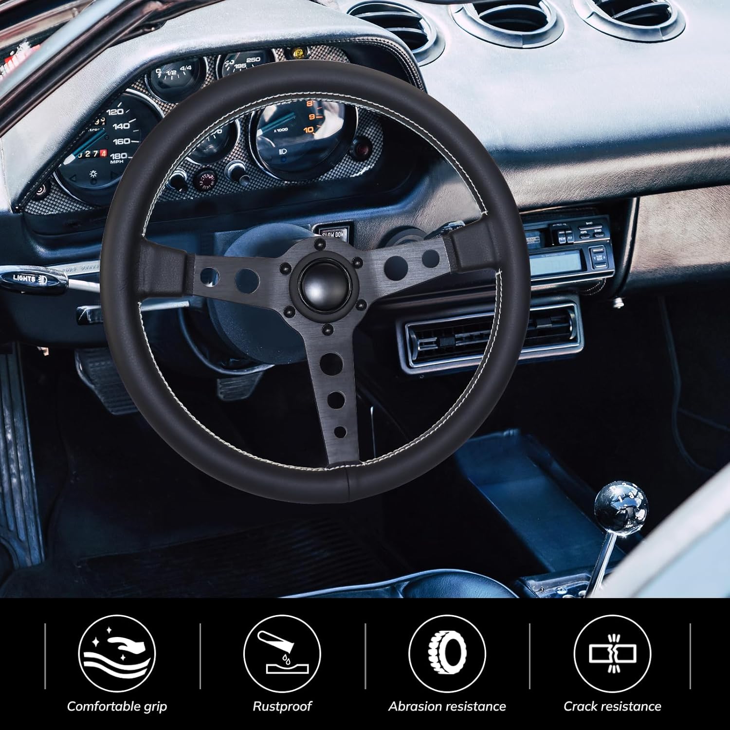 14in Racing Steering Wheel, Universal Leather Steering Wheel, Six Hole Black with Horn for MOMO Prototipo