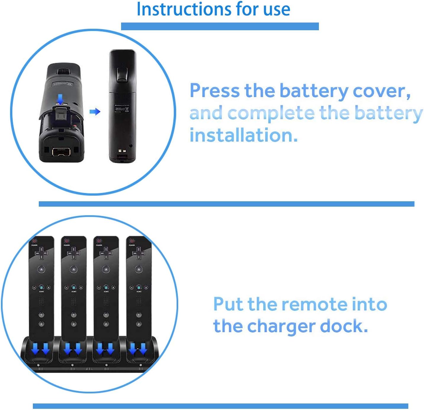 VTone Charging Station for Wii Remotes, 4 in 1 Controller Charger Dock with 4 pcs 2800mAh Rechargeable Battery Pack for Wii Remote Controller (Black)