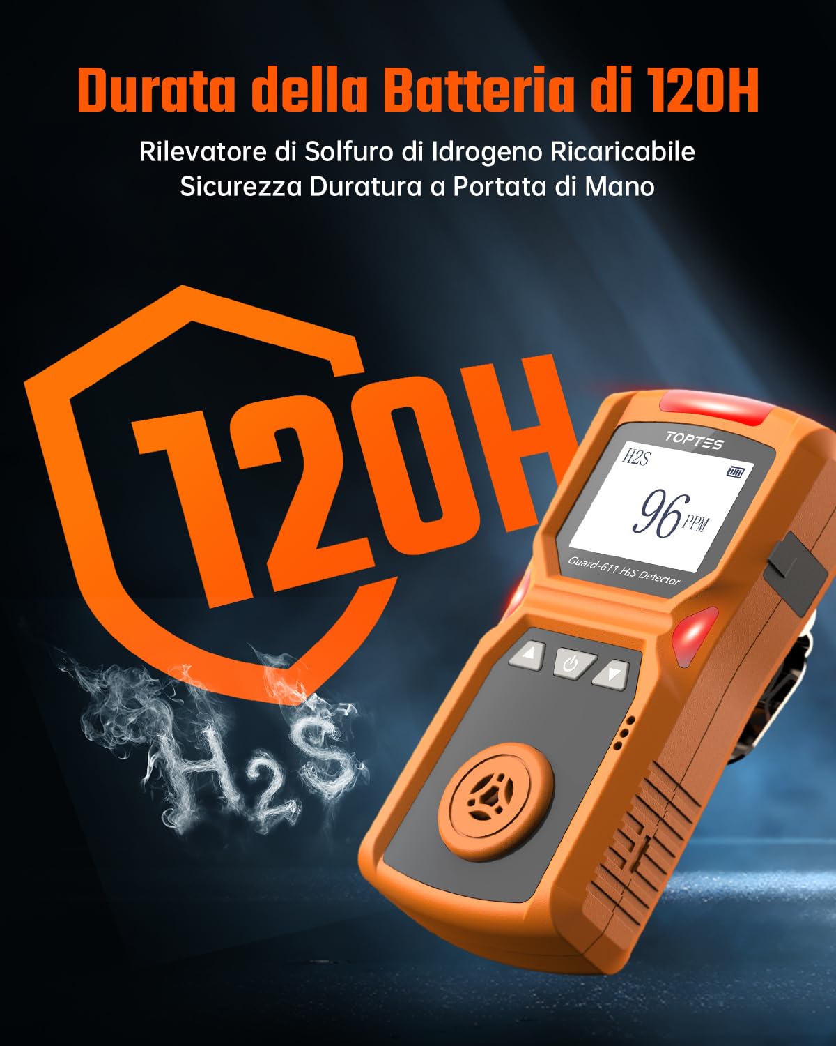 TOPTES Guard-611 Monitor H2S, Rilevatore di H2S con batteria ricaricabile e autonomia fino a 5 giorni, avviso batteria scarica, design sicuro e antideflagrante, 0-100PPM-Arancione