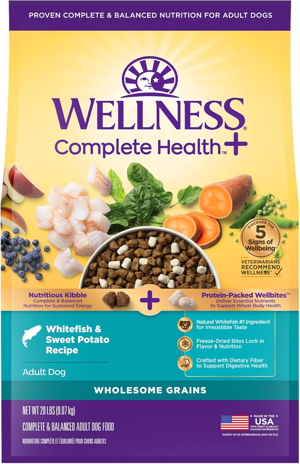 Wellness Complete Health+ Adult Dry Dog Food with Freeze Dried Wellbites, Wholesome Grain Kibble+, Natural, Chicken Free, Whitefish and Sweet Potato Recipe, 20 lb Bag
