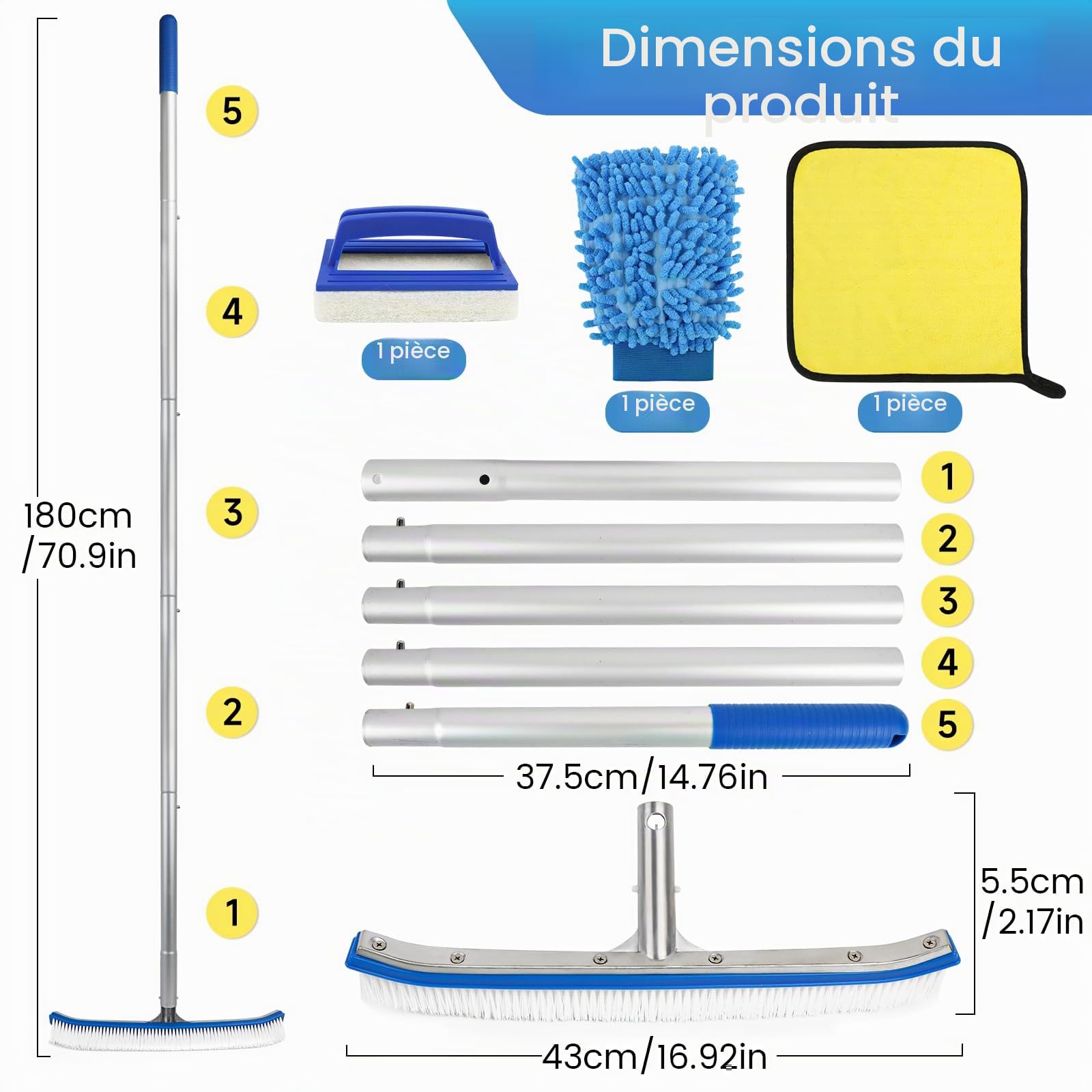 Brosse Piscine, Brosse de Nettoyage pour Piscine de 43 cm, Balai Piscine avec Barre en Aluminium Réglable en Longueur de 180cm