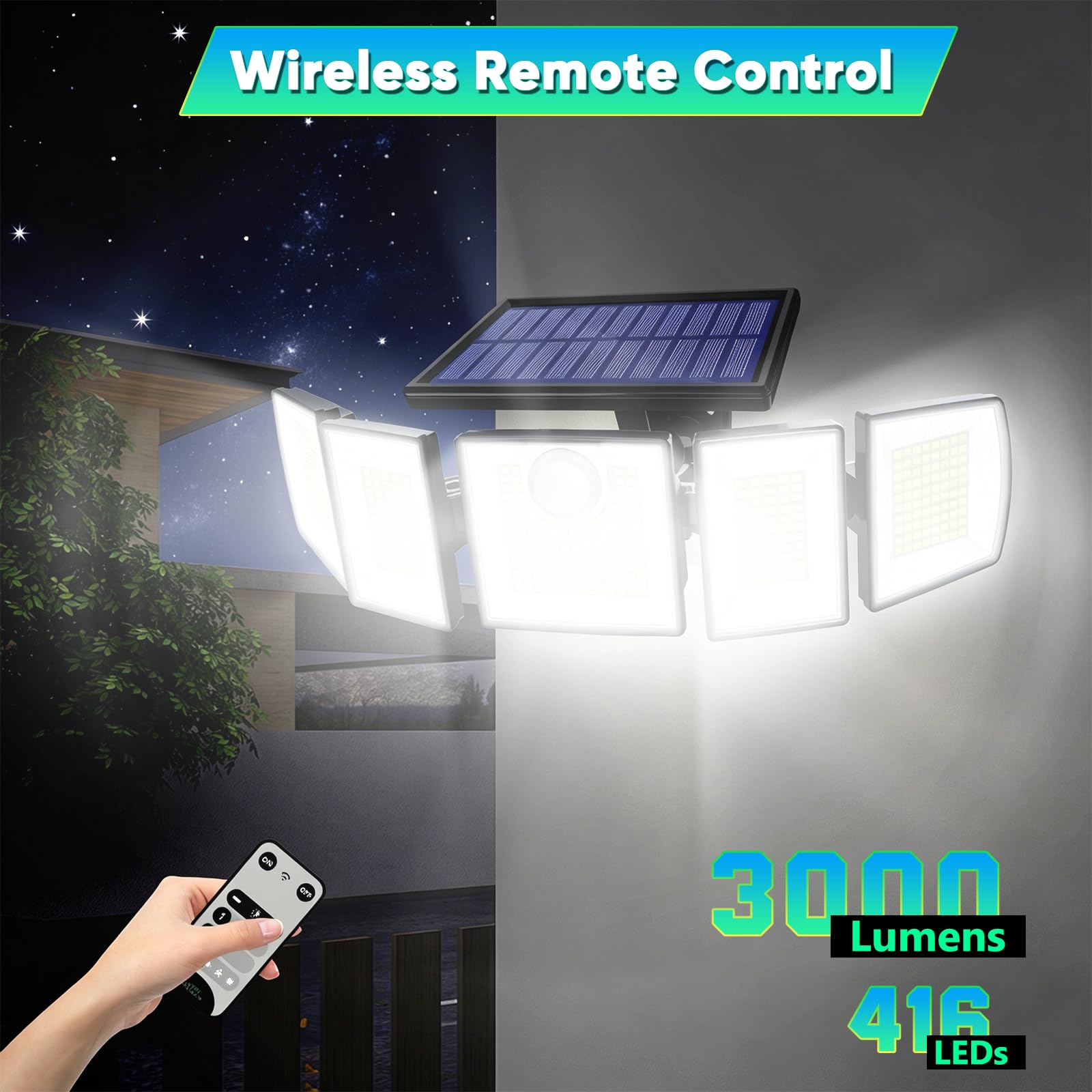 Luci solari per esterni, sensore di movimento, impermeabile, 416 LED, 3000 lumen, super luminose, 3 luminosità, 3 modalità, 2400 mAh, 360°, illuminazione solare di sicurezza per inondazione, 9,8 m