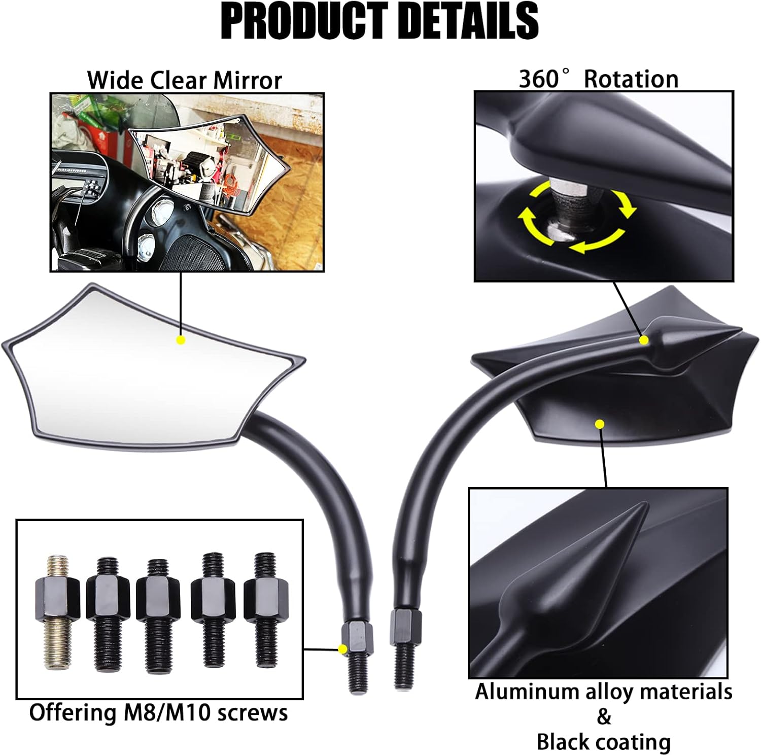 DREAMIZER Universal 8mm/10mm Black Irregular Shape Motorcycle Rear View Mirrors Compatible with Harley Cruisers Sportster Softail Touring Road King Road Street Glide