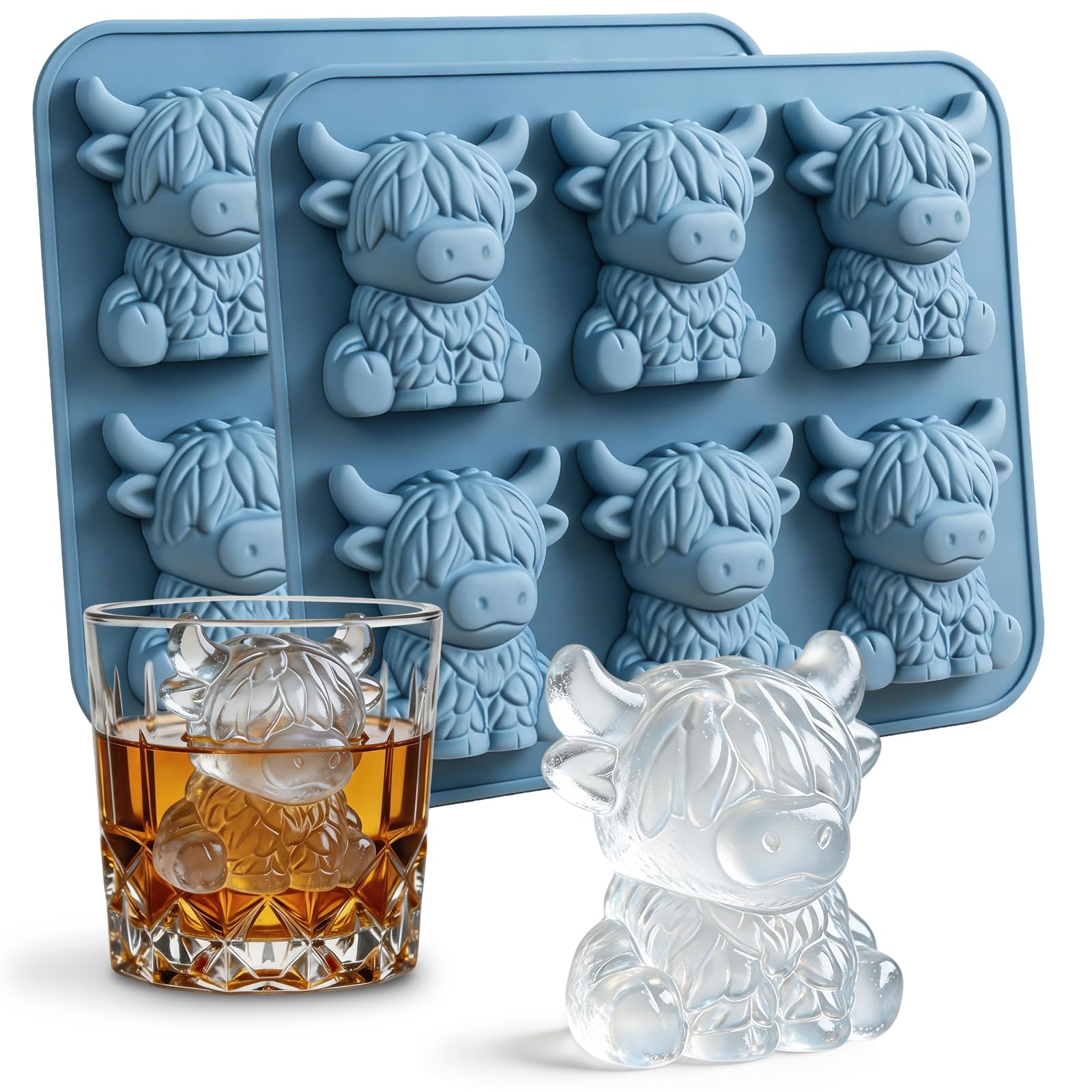 Highland Cow Eiswürfelform Silikon, Mini Hochlandrind Eiswürfelbehälter 2er-Pack, Eiswürfel Form für Getränke Whisky Cocktails Bier Kaffee, Geschenk für Vatertag Papa Ehemann Freund