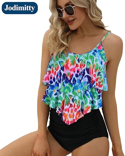 Miniatura 4 de Jodimitty Trajes de baño para mujer, tankini para traje de baño de cintura alta con abertura (puntos multicolor + negro, talla M), Manchas