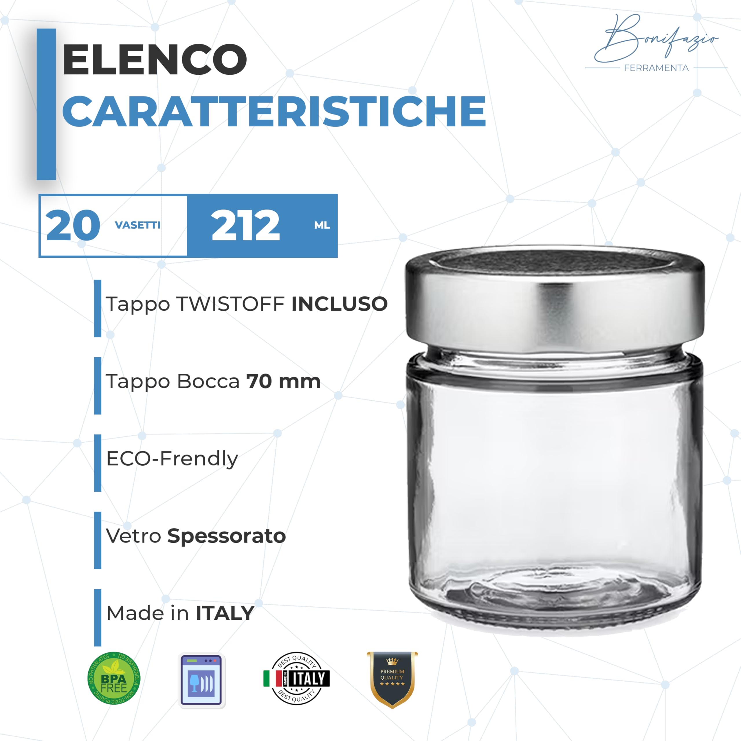 Vasetto in Vetro da 212 ml Rotondo in Confezione da 20 pezzi (212ml - 20 Pezzi) Vuoto con Tappo Alto Argento per Conserve, Marmellate, Miele, Salse, Arredo e Oggettistica, Regalo