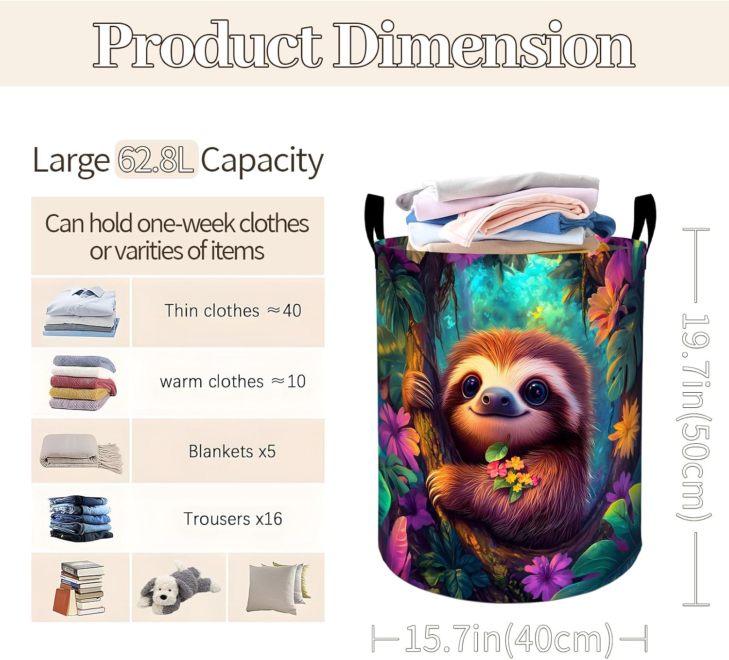 Cute Sloth Tropical Flowers Laundry Basket 19.7"x15.7", Collapsible Dirty Clothes Waterproof Animal Laundry Hamper Organizer Toy Storage Bin for Dorm Nursery Bathroom Decor