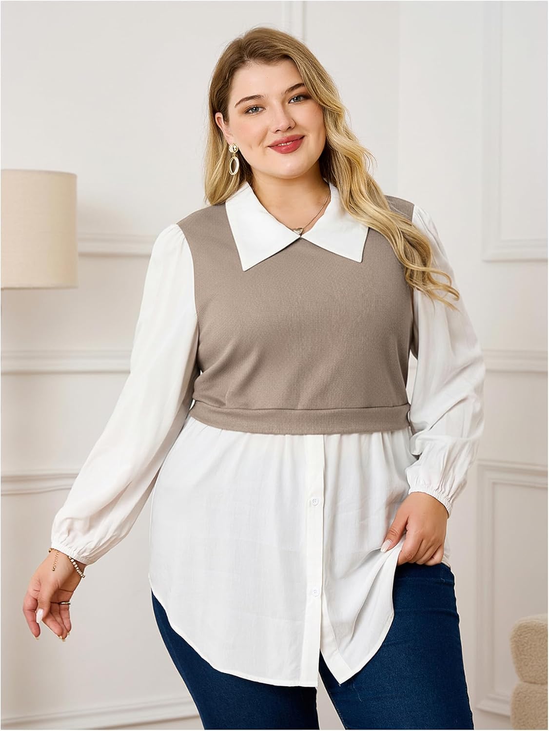 OYOANGLE Women's Plus Size Colorblock Collared Lantern Long Sleeve Button Down Blouses Elegant Office Peplum Shirt Tops - Image 3