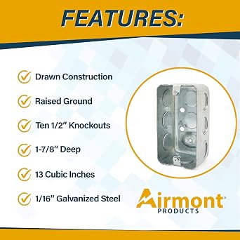 (Pack of Box and Cover) 4x2 Inch Utility Electrical Box, Outlet Box, Blank Utility Size Cover, Drawn Construction, Ten 12 Knockouts, Raised Ground, 1-7/8 Deep, 13 Cu. in. Capacity, Galvanized Steel