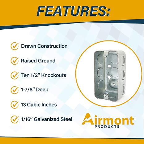 (Pack of Box and Cover) 4x2 Inch Utility Electrical Box, Outlet Box, Blank Utility Size Cover, Drawn Construction, Ten 12 Knockouts, Raised Ground, 1-7/8 Deep, 13 Cu. in. Capacity, Galvanized Steel