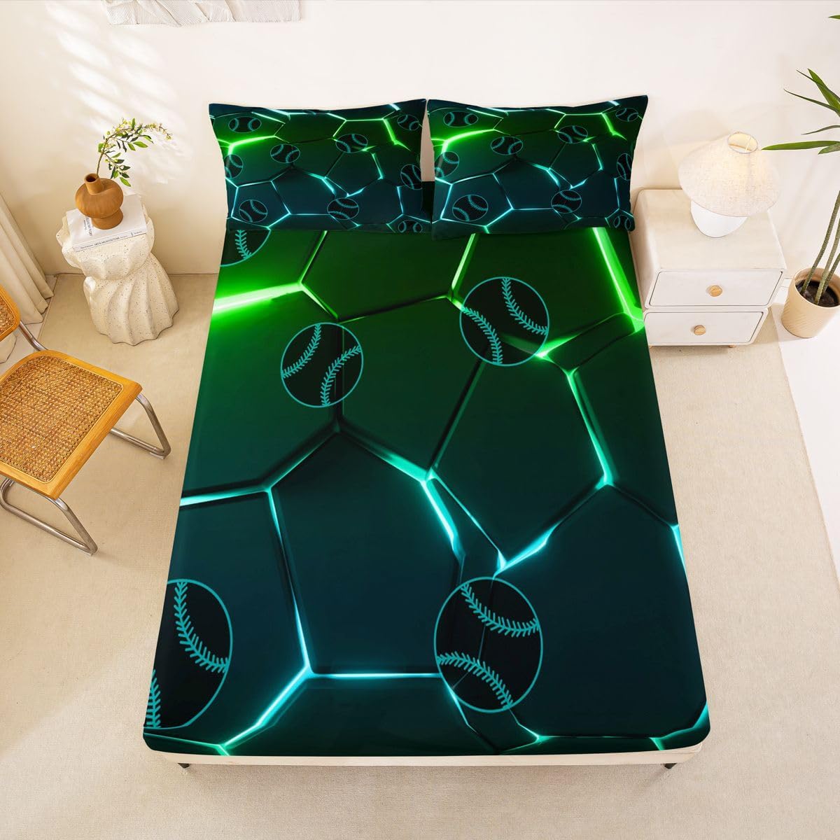 Honeycomb Baseball Fitted Sheet Hexagonal Geometric Fluorescent Green Bedding Sheet Beehive Geometrical Bed Sheet Set for Children Kids Boys Girls Microfiber Comforter Cover Room Decor Twin Size