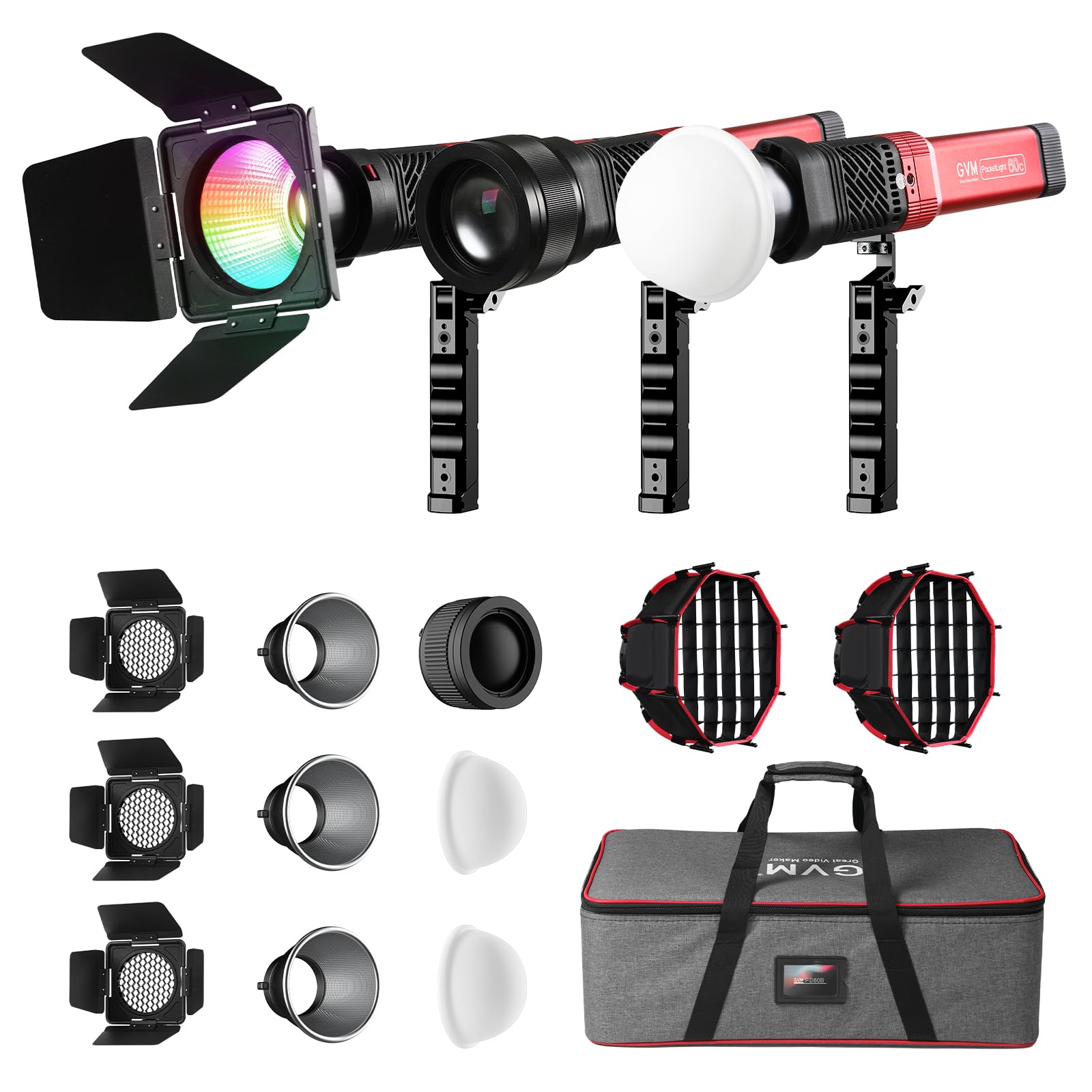 GVM PD60C RGB Video Light, 3 Packs 60W COB Photography Lighting with Softbox, Portable Studio Light, IP65 Water Resistant Handheld Spotlight for